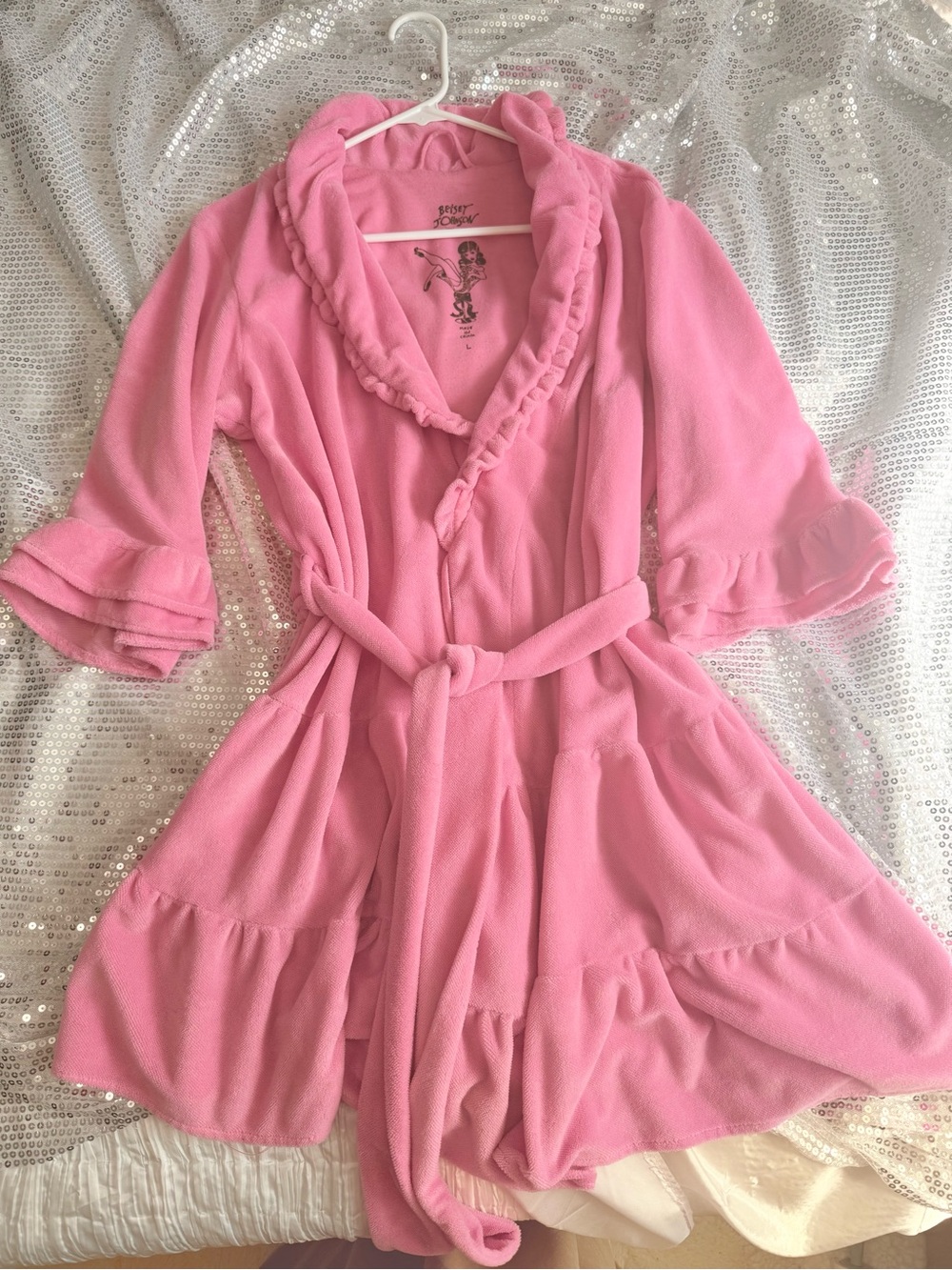 Betsey Johnson Pink Velvet Wrap Robe with Ruffle Collar Sz L💝